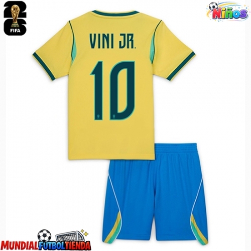 Camiseta Brasil Vinicius Junior #10 Primera Equipación Replica Mundial 2026 para niños mangas cortas (+ Pantalones cortos)